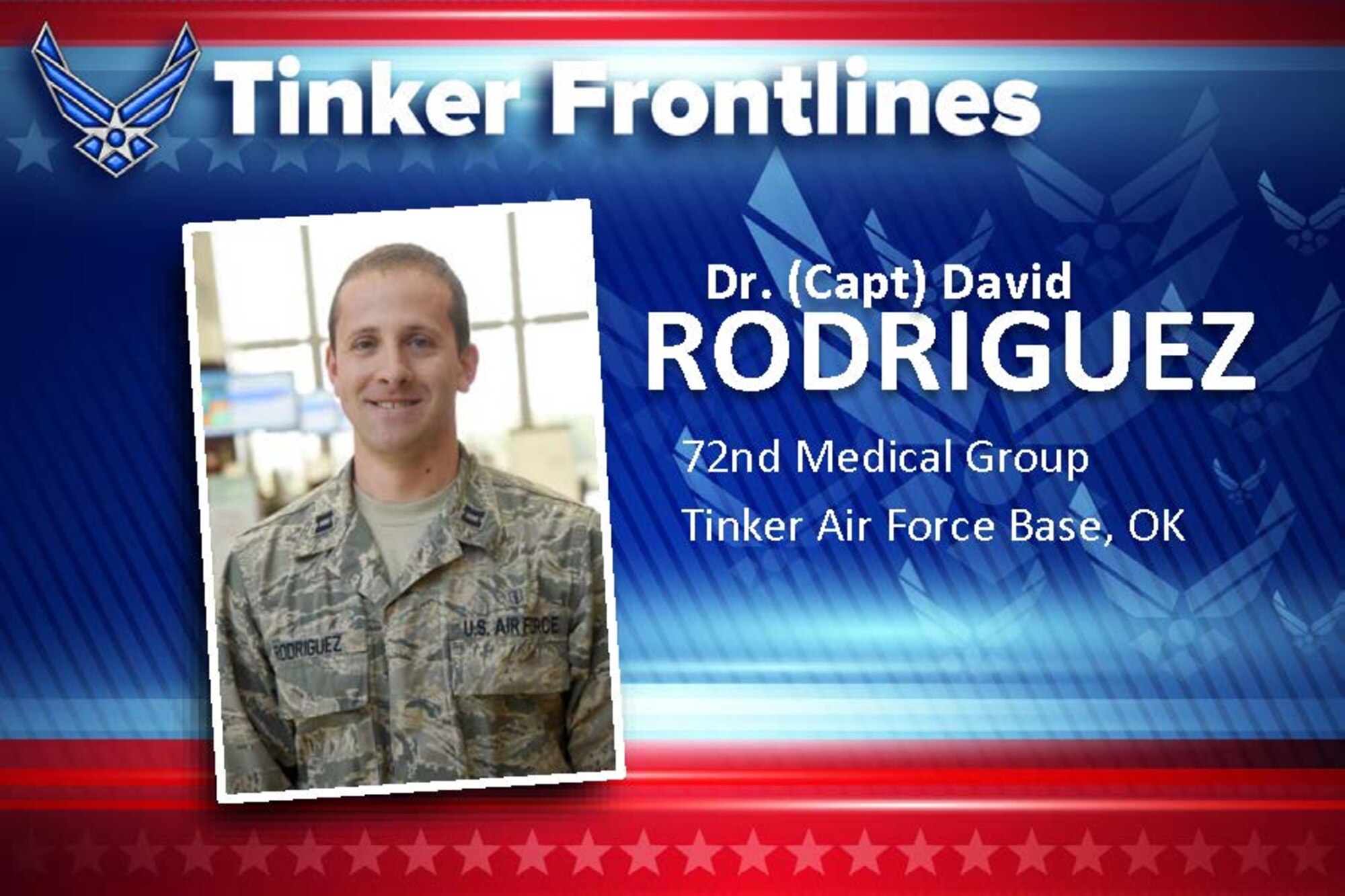 Dr. (Capt.) David Rodriguez is the medical director of the 72nd Operational Medical Readiness Squadron. Originally from Colorado Springs, Rodriguez has served in the U.S. Air Force for three and a half years. As the medical director, he oversees the medical aspect of the clinic. Along with Capt. Sabrena Bedwell, Rodriguez has been tasked with figuring out the ever-adapting response to COVID-19 by working with leadership and Public Health to screen and determine high-risk patients.