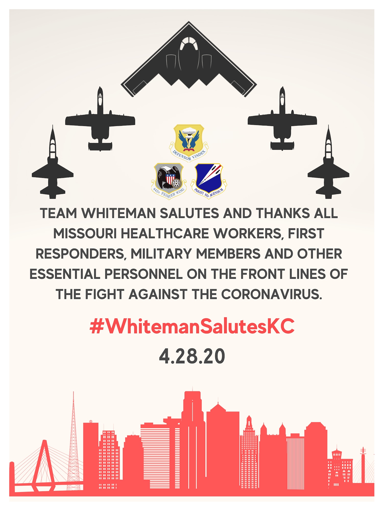 Advertising graphic highlighting an idealized Kansas City skyline, and aircraft silhouettes with the text: Team Whiteman salutes and thanks all Missouri healthcare workers, first responders, military members and essential personnel on the frontlines of the fight against COVID-19 with a planned flyover in Kansas City, Missouri, April 28, 2019. (U.S. Air Force graphic by Senior Airman Thomas Barley)