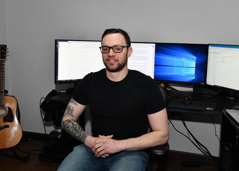 Staff Sgt. Kenny LeBel is the Non-Commissioned Officer in Charge of the Communications Focal Point and is one of the 104CF team members that have been ensuring the 104FW can operate effectively while many Airmen are teleworking.  (U.S Air National Guard Photos by Master Sgt. Lindsey Sarah Watson-Kirwin)