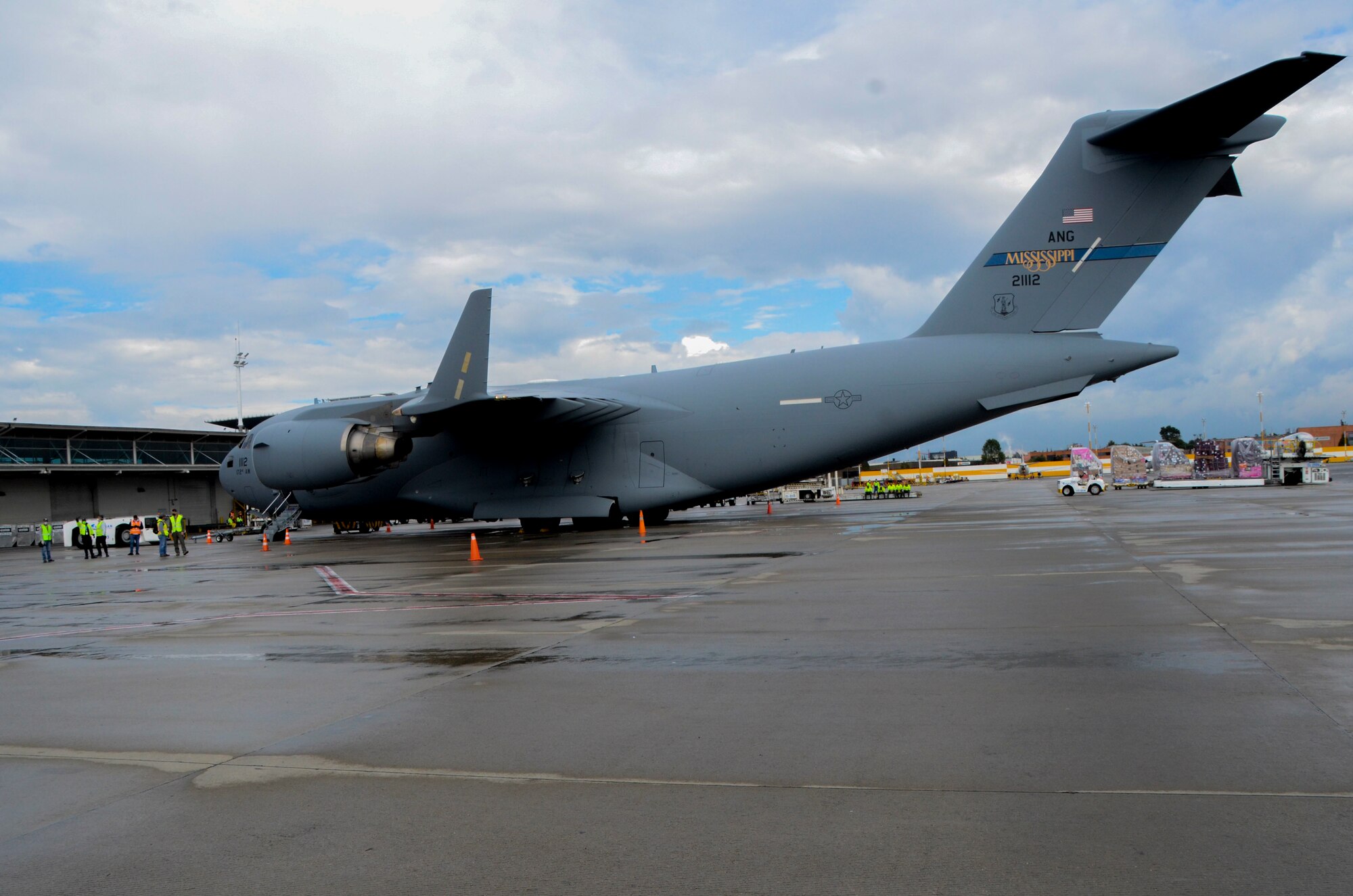A C-17 Globemaster III aircraft sits on the flight line.