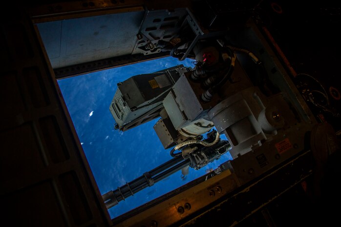 A GAU-17A fires at its target during defensive weapon system training aboard an MV-22B Osprey with Marine Medium Tiltrotor Squadron 268, Apr. 23, 2020. The DWS is remotely operated and incoporates a gunner station, targeting sensor and the GAU-17 minigun. Designed to provide suppressive defensive fire, proficiency with this weapon system increases the readiness for the Marines of VMM-268. (U.S. Marine Corps photo by Cpl. Matthew Kirk)