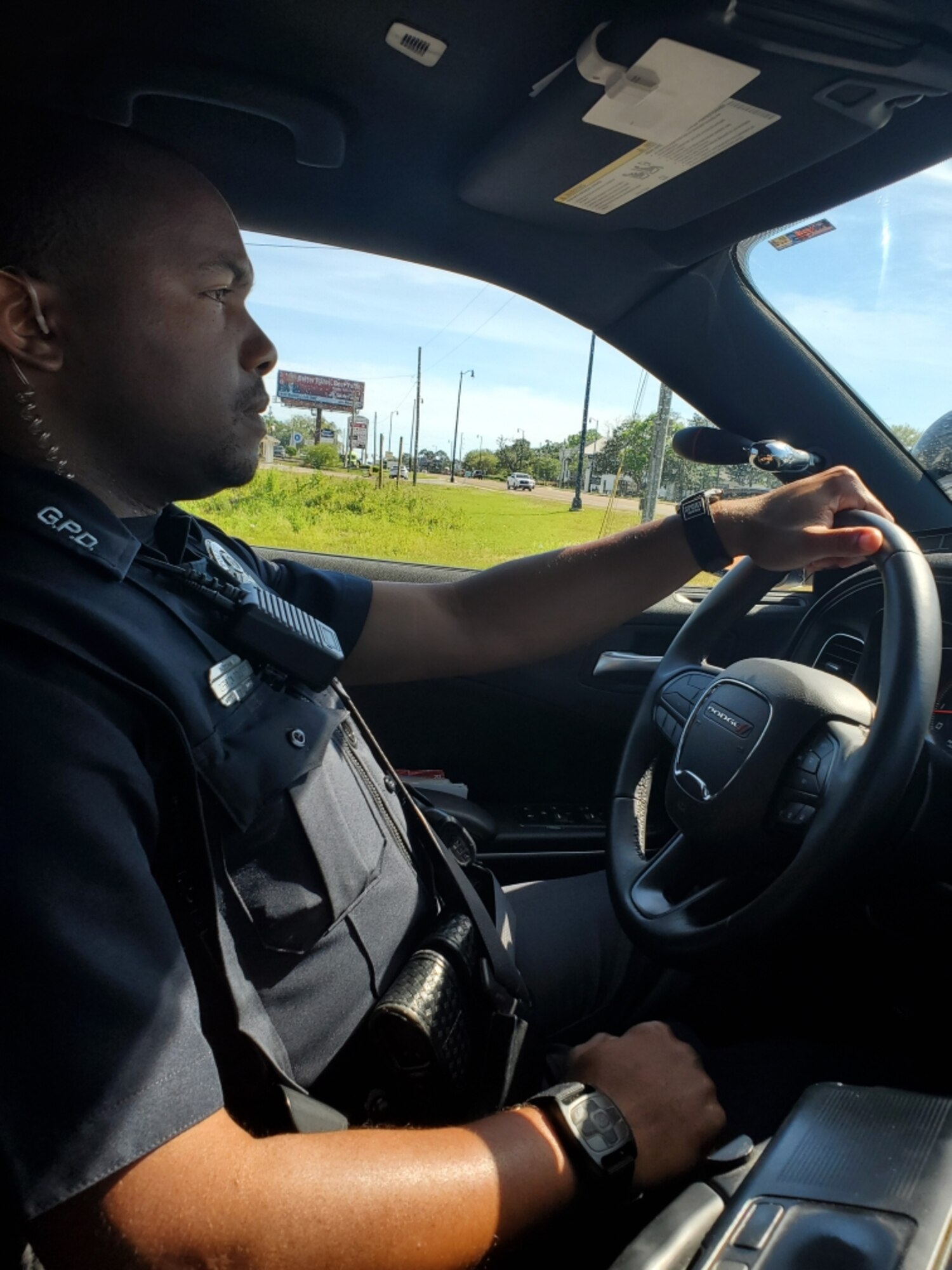 Gulfport Police Department patrol officer Derrick Tolbert works the road during the COVID-19 crisis, conducting traffic stops, answering calls for services and working accident scenes. Tolber, a technical sergeant, works as a combat arms instructor for the 403rd Security Forces Squadron of the 403rd Wing at Keesler Air Force Base, Miss. (courtesy photo)
