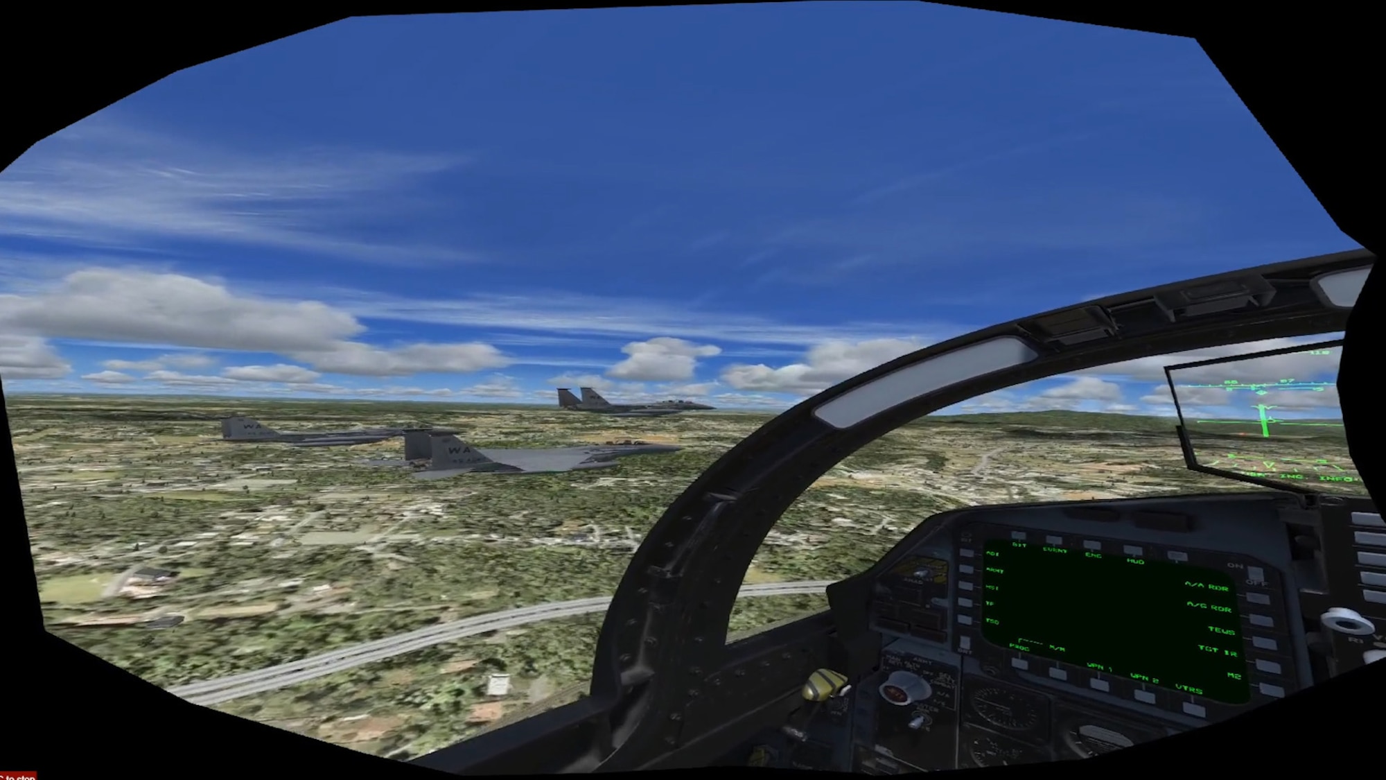 A view from the cockpit during a four aircraft formation during a Virtual Reality flyover during the iRacing NASCAR Pro Invitational hosted by the Richmond Raceway April 20, 2020.