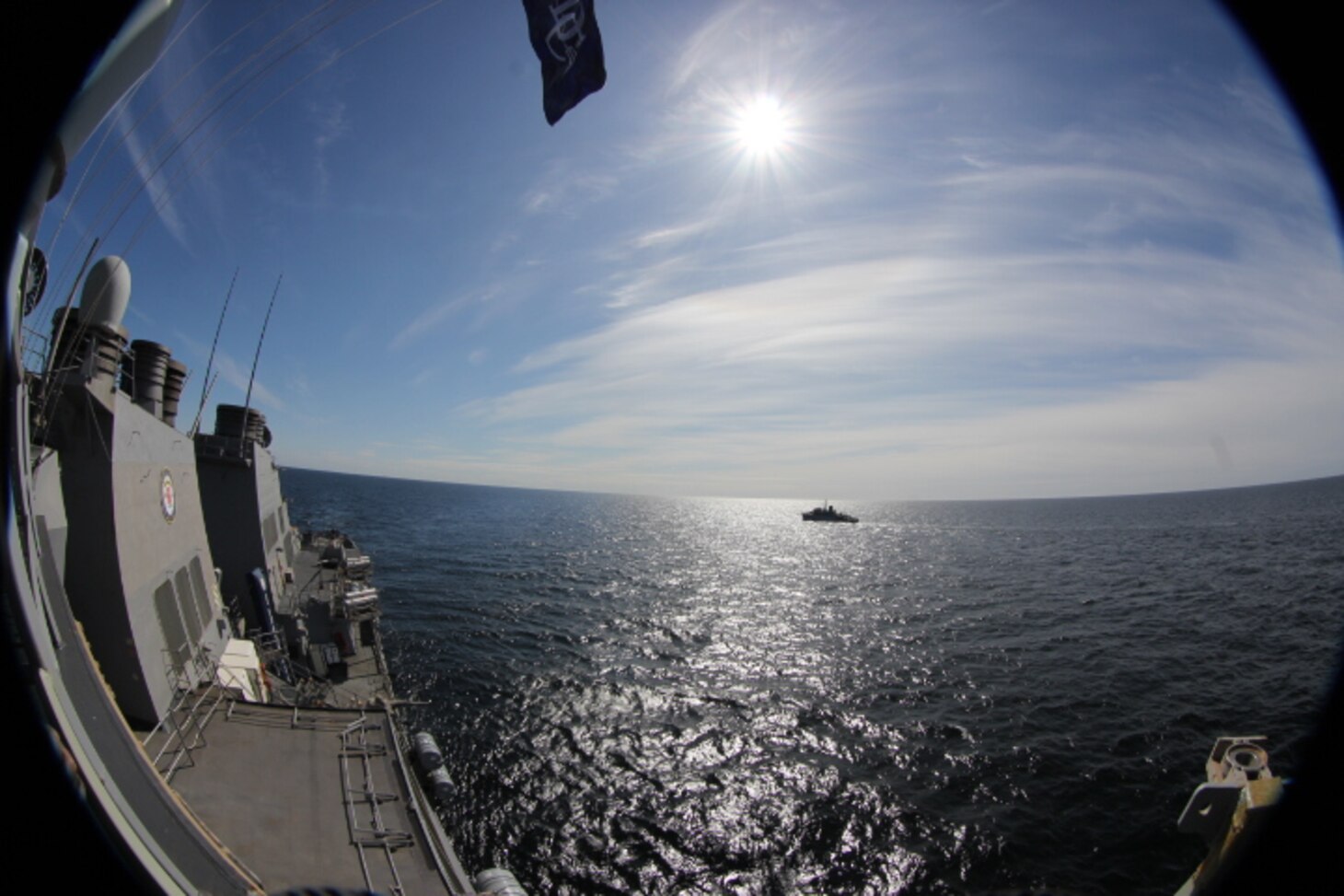 The Arleigh Burke-class guided missile destroyer USS Donald Cook (DDG 75) conducts a passing exercise (PASSEX) with Lithuanian minesweeper LNS Kursis (M54), April 18, 2020.