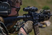 U.S. Marine Corps Cpl. Steven Weightman, a section leader with Battalion Landing Team, 1st Battalion, 4th Marine Regiment, 15th Marine Expeditionary Unit, participates in a Raid Leaders Course combat marksmanship range at Marine Corps Base Camp Pendleton, California, April 22, 2020.
