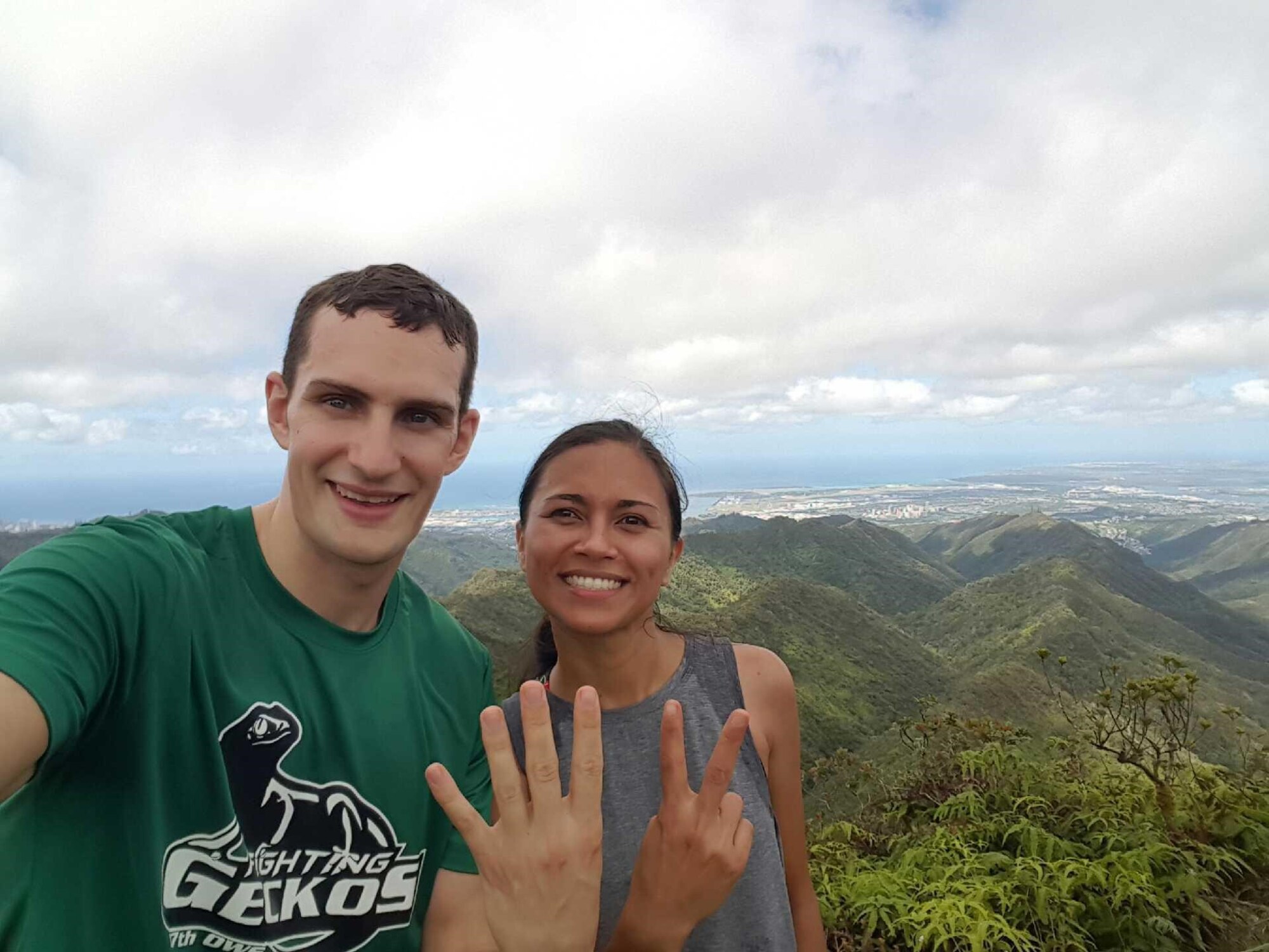 Capt. Sean Zoufaly, 17th Operational Weather Squadron Operations flight commander, and Krystal Reiter complete a 4.2-mile hike to honor Pat Tillman in Hawaii, April 18, 2020. The 17th OWS hosted Pat’s Run to promote Airman fitness and honor the fallen. (Courtesy photo)