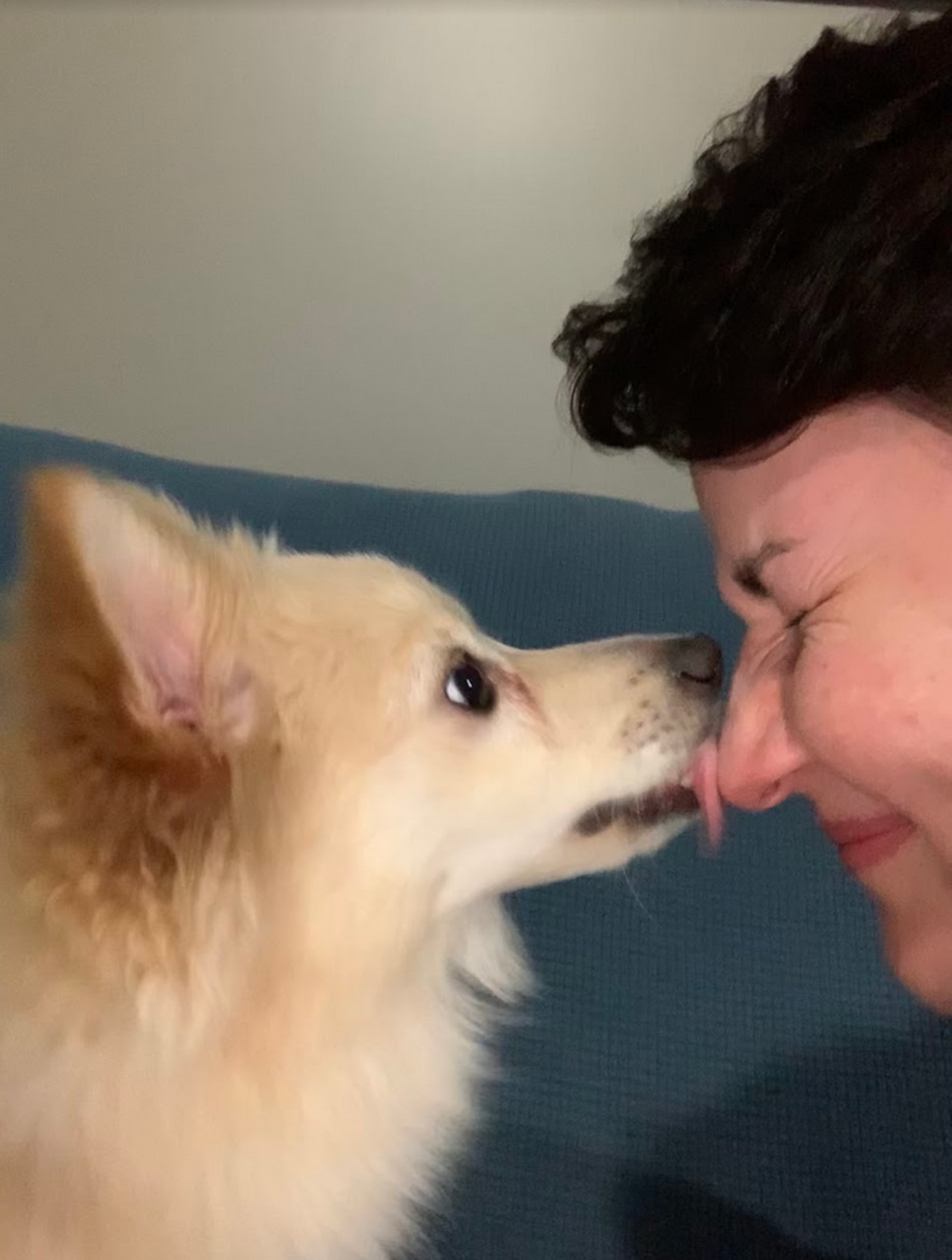 Tech. Sgt. Crystal Charriere, Public Affairs Specialist, gets a lick on the nose from her puppy, Lola. Lola is her emotional support animal to help her with depression and anxiety. (U.S. Air Force Photo by Airman first class Caleb S. Kimmell)