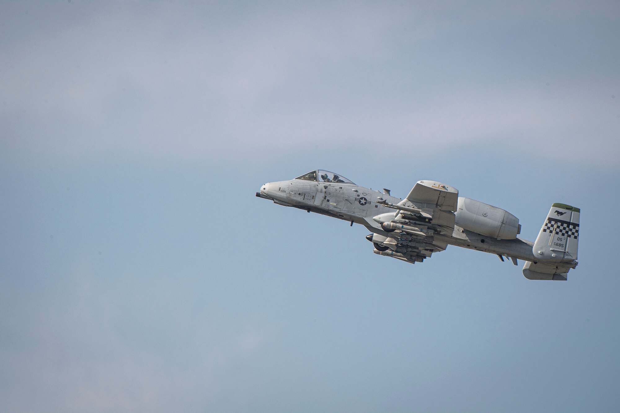 A 25th Fighter Squadron A-10C Thunderbolt II ascends the skies April 9, 2020, at Osan Air Base, Republic of Korea. Amid the COVID-19 global pandemic, the 25th FS follows the United States Forces-Korea’s health protection control measures to preserve their mission capabilities while maintaining a high state of readiness to protect the ROK. (U.S. Air Force photo by Senior Airman Darien Perez)