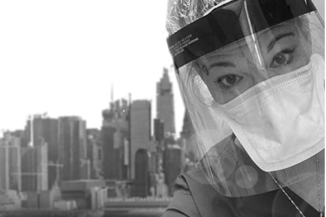 A photo illustration shows the face of a nurse wearing protective gear in front of the New York City skyline.