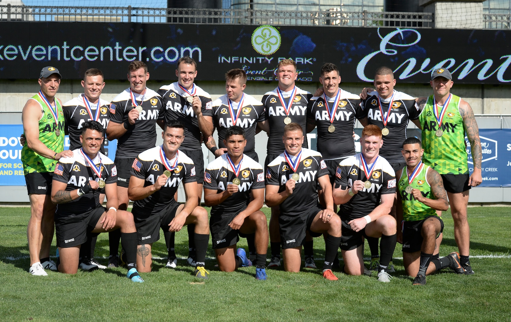 GLENDALE, Colo. (Aug. 24, 2019) Army take a team photo after winning gold in the 2019 Armed Forces Rugby Championship hosted by the city of Glendale, Colo. in conjunction with the 2019 Rugbytown Sevens Tournament, held from 23- 25 August.  Service members from the Army, Marine Corps, Navy, Air Force and Coast Guard battle it out for gold in this world class rugby championship. (U.S. Dept. of Defense photo by Mass Communication Specialist 1st Class Timothy Hazel/RELEASED)