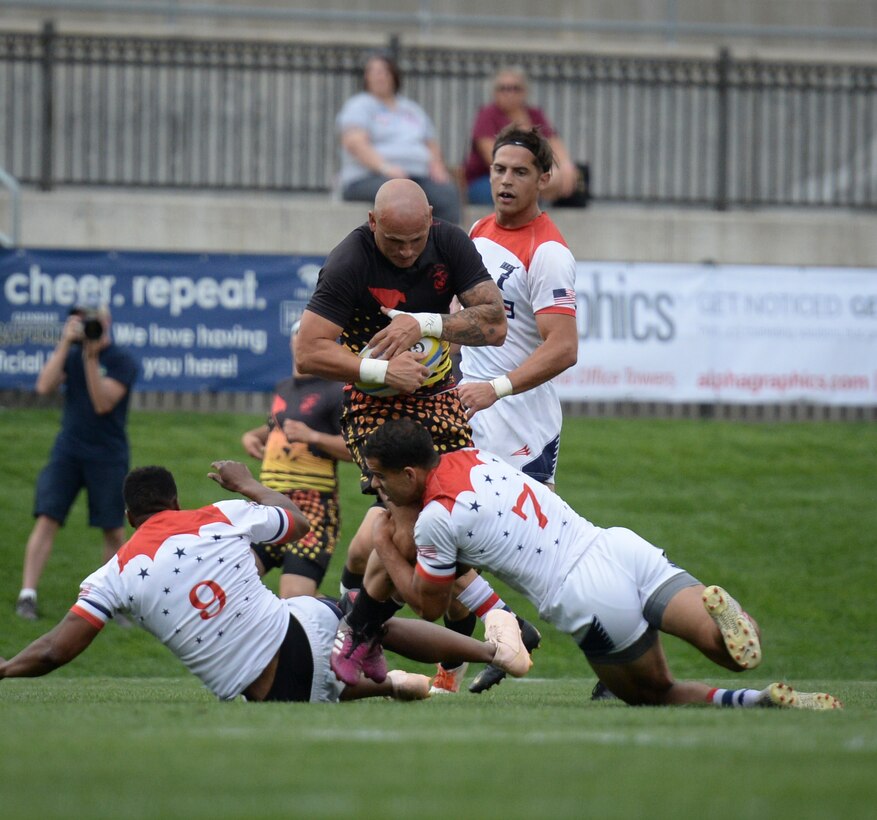 GLENDALE, Colo. (Aug. 23, 2019) Day one of the 2019 Armed Forces Rugby Championship hosted by the city of Glendale, Colo. in conjunction with the 2019 Rugbytown Sevens Tournament, held from 23- 25 August.  Service members from the Army, Marine Corps, Navy, Air Force and Coast Guard battle it out for gold in this world class rugby championship. (U.S. Dept. of Defense photo by Mass Communication Specialist 1st Class Timothy Hazel/RELEASED)