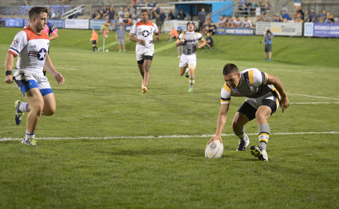 GLENDALE, Colo. (Aug. 23, 2019) Day one of the 2019 Armed Forces Rugby Championship hosted by the city of Glendale, Colo. in conjunction with the 2019 Rugbytown Sevens Tournament, held from 23- 25 August.  Service members from the Army, Marine Corps, Navy, Air Force and Coast Guard battle it out for gold in this world class rugby championship. (U.S. Dept. of Defense photo by Mass Communication Specialist 1st Class Timothy Hazel/RELEASED)