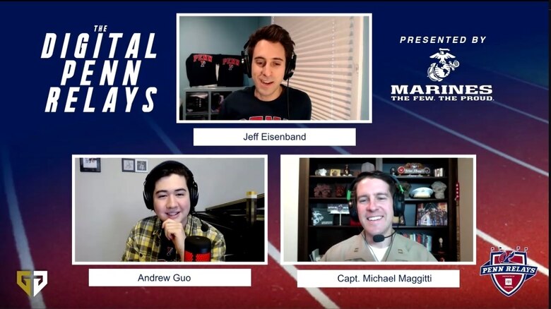 Jeff Eisenband, an esports journalist and host of the Digital Penn Relays, Andrew Guo a member of the PennCraft Team at the University of Pennsylvania in Philadelphia, and Capt. Michael Maggitti, the Marketing and Communication Officer for 8th Marine Corps District, comment on a live-stream Twitch channel in a screenshot captured on Twitch.TV about the Digital Penn Relays, April 24, 2020. In the midst of the Coronavirus pandemic, the Penn Relays, which is the largest and oldest track and field event in the United States, was moved online as a way to continue connecting with schools, athletes, coaches, vendors and fans. All participants logged in to Minecraft, a video game known for its pixelated style, where they entered a virtual version of Franklin Field, the typical setting for the Penn Relays. Here, players competed against each other in four track and field themed obstacle courses, one of which was a Marine Corps obstacle course. (Marine Corps photo by Cpl. Naomi May)