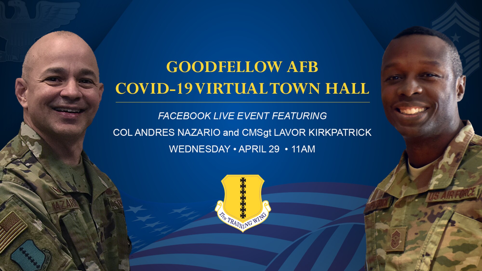Graphic depicting information about COVID-19 virtual town hall held by Goodfellow AFB, Apr 29 2020