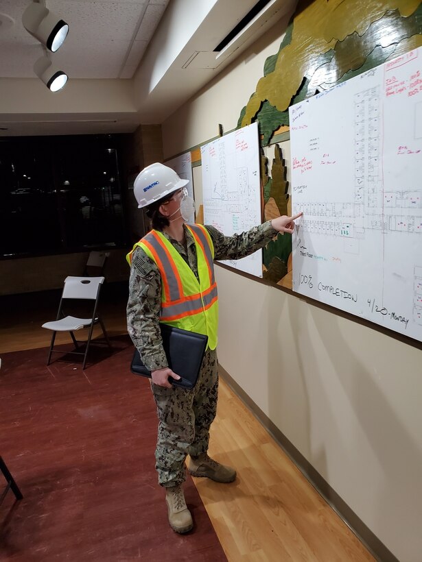 Navy Lt. Miranda L. Bassett, a construction manager for the NSA Crane Public Works Department, is deployed to Chicago on help the U.S. Army Corps of Engineers (USACE) convert spaces into alternate care facilities.