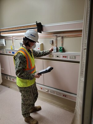 Navy Lt. Miranda L. Bassett, a construction manager for the NSA Crane Public Works Department, is deployed to Chicago on help the U.S. Army Corps of Engineers (USACE) convert spaces into alternate care facilities.