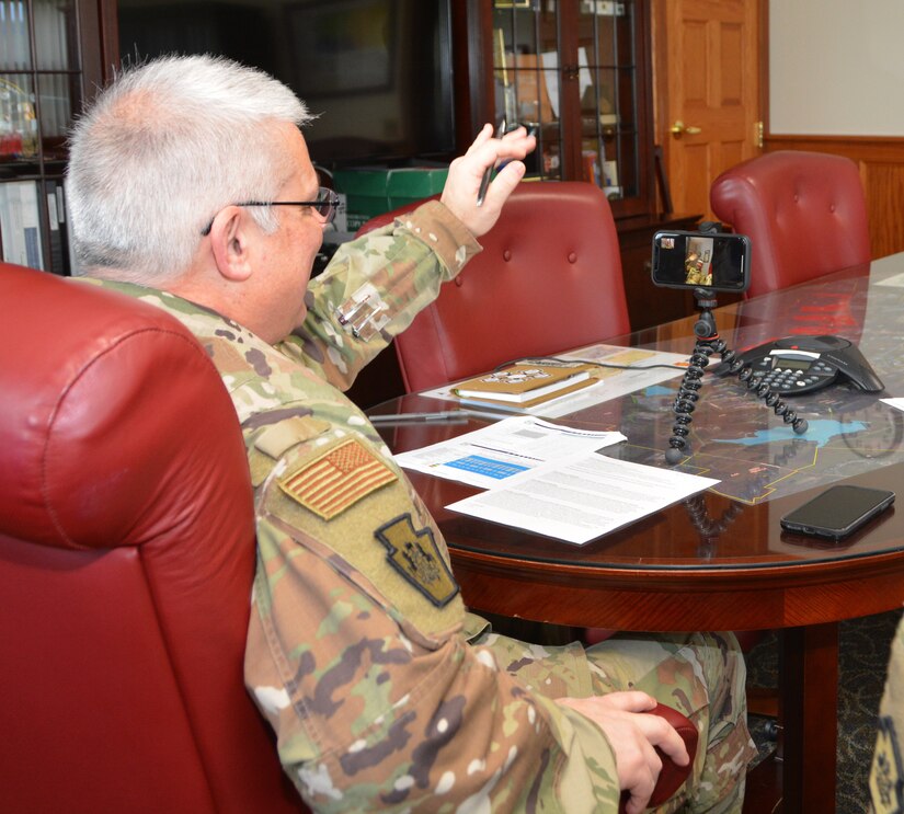 Maj. Gen. Anthony Carrelli, adjutant general, Pa. National Guard, speaks on video conference with Lt. Gen. Valdemaras Rupšys, the chief of defence, Lithuania to mark the 27th anniversary of the State Partnership Program between Pennsylvania and Lithuania.