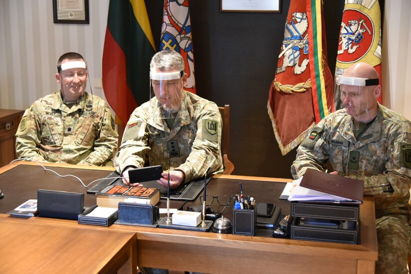Lt. Gen. Valdemaras Rupšys, the chief of defence, Lithuania, speaks with senior Pennsylvania National Guard leaders during a video conference on April 27, 2020.