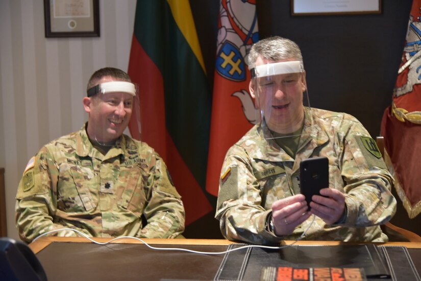 Lt. Gen. Valdemaras Rupšys, the chief of defence, Lithuania, speaks with senior Pennsylvania National Guard leaders during a video conference on April 27, 2020.