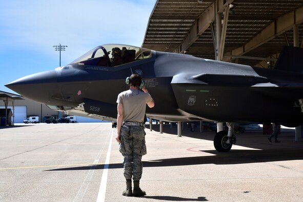 Two U.S. Air Force F-35A Lightning II fifth-generation aircraft assigned to the 388th Fighter Wing taxi on the Eielson Air Force Base, Alaska, flight line April 27, 2020.