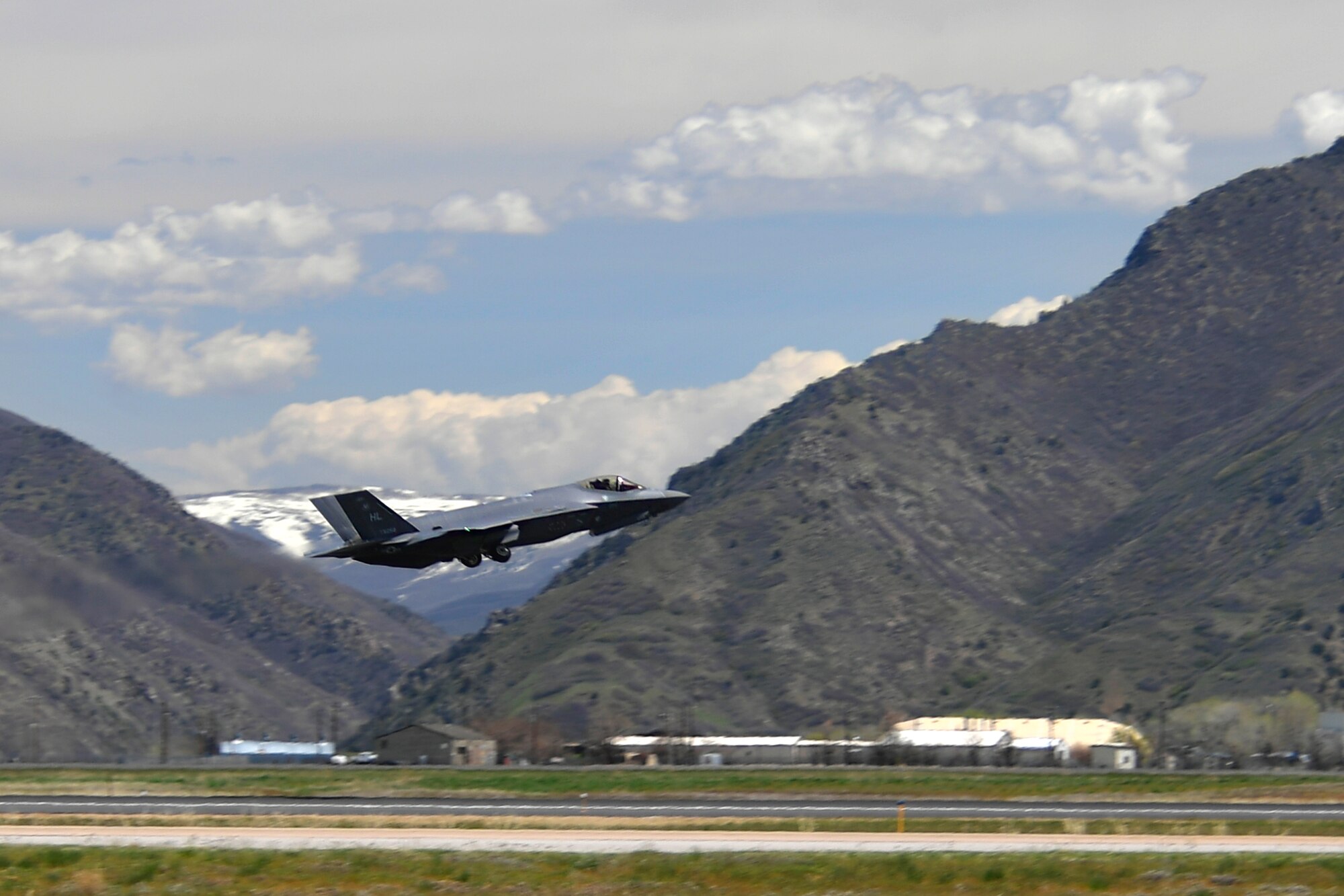 A photo of an F-35A taking of from Hill Air Force Base, Utah.