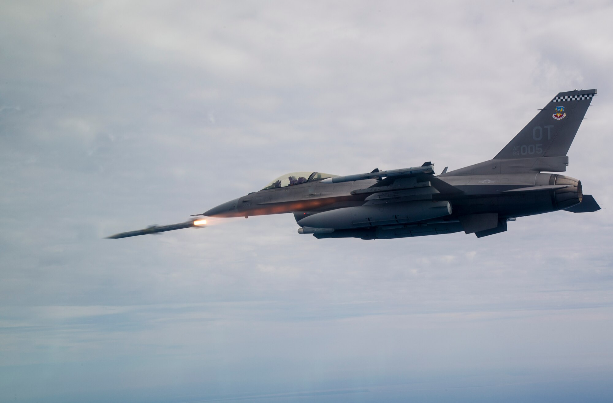 The first AIM-120 “AMRAAM” shot using the first USAF Post Block F-16 utilizing the new APG-83 AESA radar shot by Maj. Joseph “Rocket” Schenkel over the gulf near Eglin AFB, FL.