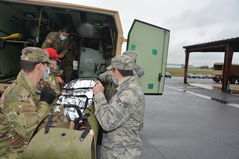 Pennsylvania National Guard members who were activated for COVID-19 support missions undergo medical training April 24,2020, at Fort Indiantown Gap, Pa.  The traditional Combat Lifesaver Course was conducted to standard while adding medical tasks that could be utilized in response COVID-19.