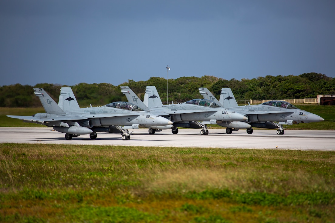 U.S. Marine Corps F/A-18D Hornets with Marine All Weather Fighter Attack Squadron 242 prepare for takeoff from Andersen Air Force Base, Guam, in support of exercise Cope North (CN) 20, Feb. 19, 2020. Exercise CN is an annual U.S. Pacific Air Forces multilateral field training exercise with participants from the U.S. Air Force, U.S. Navy, U.S. Marine Corps, Japan Air Self-Defense Force and the Royal Australian Air Force. The primary intent of CN is to enhance coordination of combined air tactics, hone techniques and procedures while strengthening security and stability in the Indo-Pacific region.