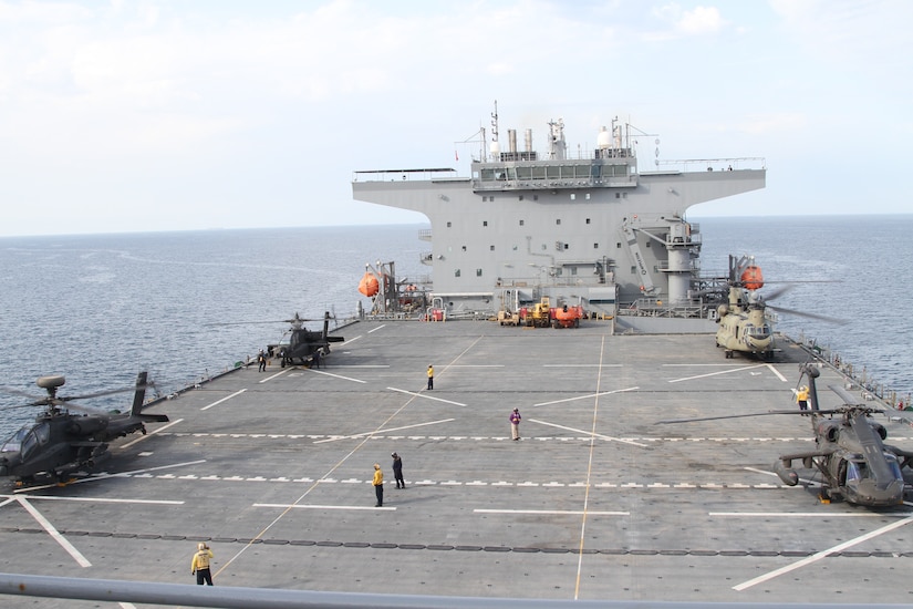 Rotary Wing Air Assets land on the deck of the U.S.S. Lewis B. Puller during a training exercise on April 15-16, 2020 in the Persian Gulf. The U.S. Army and the U.S. Navy work together to increase both their forces capabilities. (U.S. Army photo by SGT. Andrew Winchell)