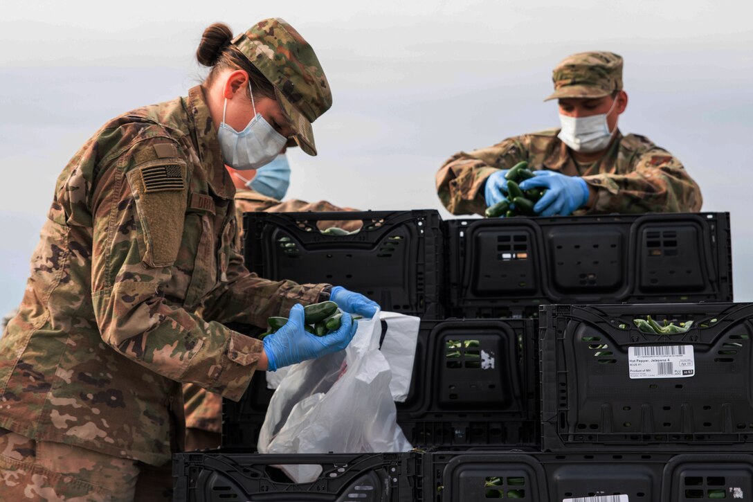 Service members distribute food.