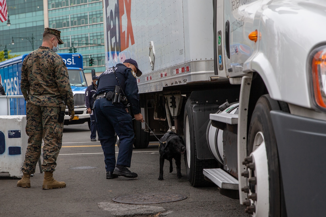A police officer and a Marine screen a vehicle.