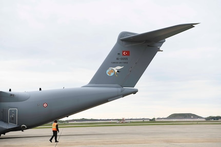 A Turkish Airbus A400M Atlas waits to be unloaded at Joint Base Andrews, Md., Apr. 28, 2020. Turkey, a NATO ally of the United States, sent supplies including medical gloves, medical masks, protective goggles, protective clothes, and hand sanitizer to support the U.S. government’s effort to combat COVID-19. (U.S. Air Force photo by Airman 1st Class Spencer Slocum)