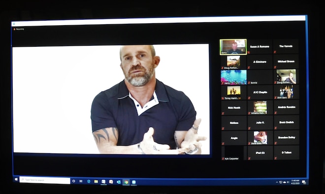 Doug Monda (left) conducts an online discussion with members of the Air Force Technical Applications Center and their families April 22, 2020, about the perils of depression and mental illness.  Monda is a two-time suicide survivor whose message of resilience helps him and others cope with past traumas.  (U.S. Air Force photo by Susan A. Romano)