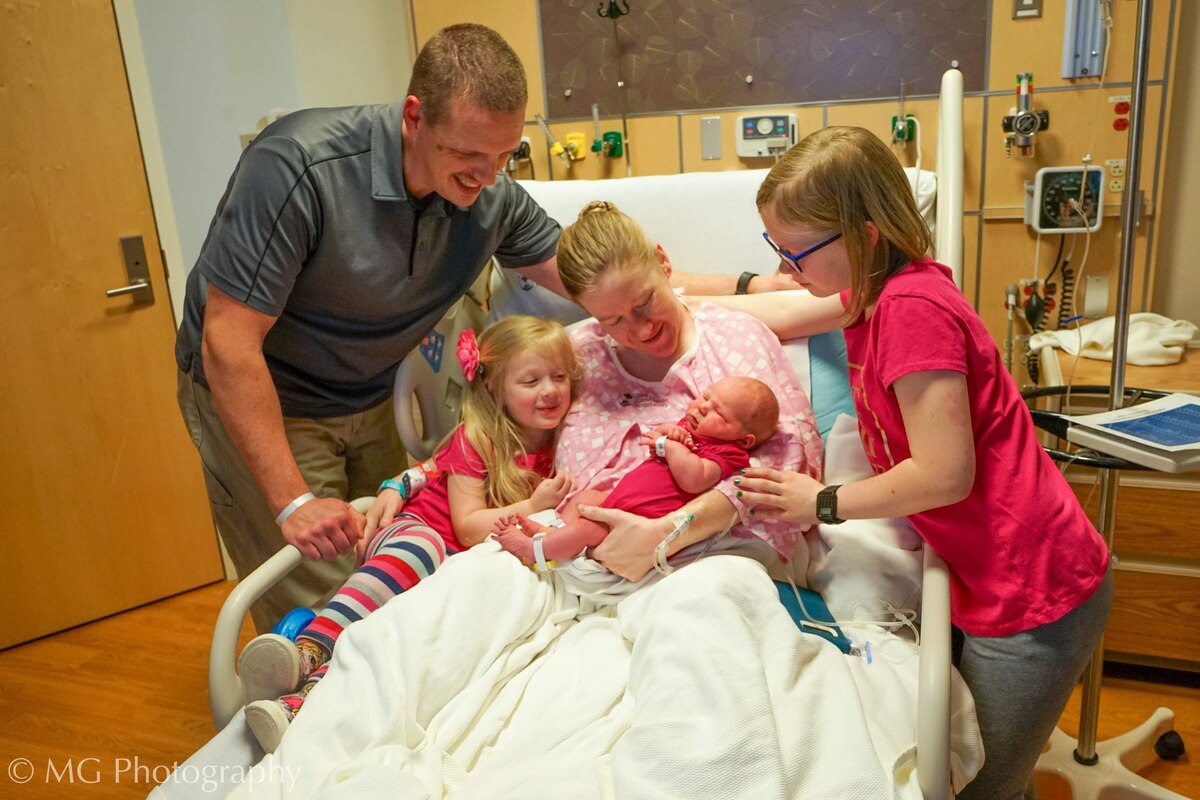 The Kirchner family celebrates Emily’s birth, Dec. 17, 2019, at Fort Belvoir Community Hospital, Va. U.S. Air Force Staff Sgt. Timothy Kirchner, American Forces Network-Incirlik noncommissioned officer in charge of radio operations, traveled from Incirlik Air Base, Turkey, in time to witness the birth of his third daughter. (Courtesy Photo)