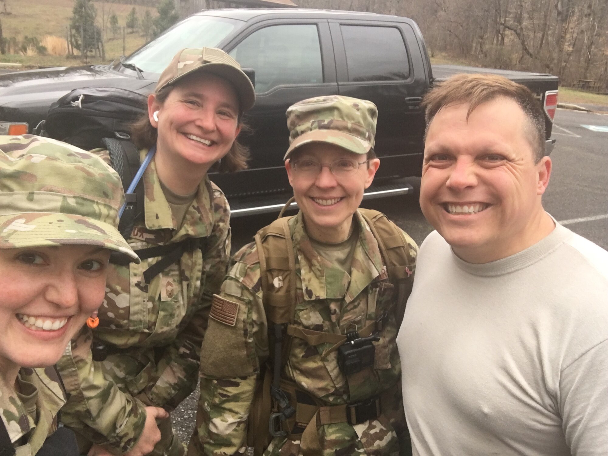 Left to right: TSgt Jilian McGreen, CMSgt Jennifer Cox, CMSgt Deborah Volker, MSgt Ruan Britts
Members of the first Bataan Memorial Death March team from the USAF Band on 15 March 2020. Upon the event’s cancelation, the group completed a 26.2 mile march locally.