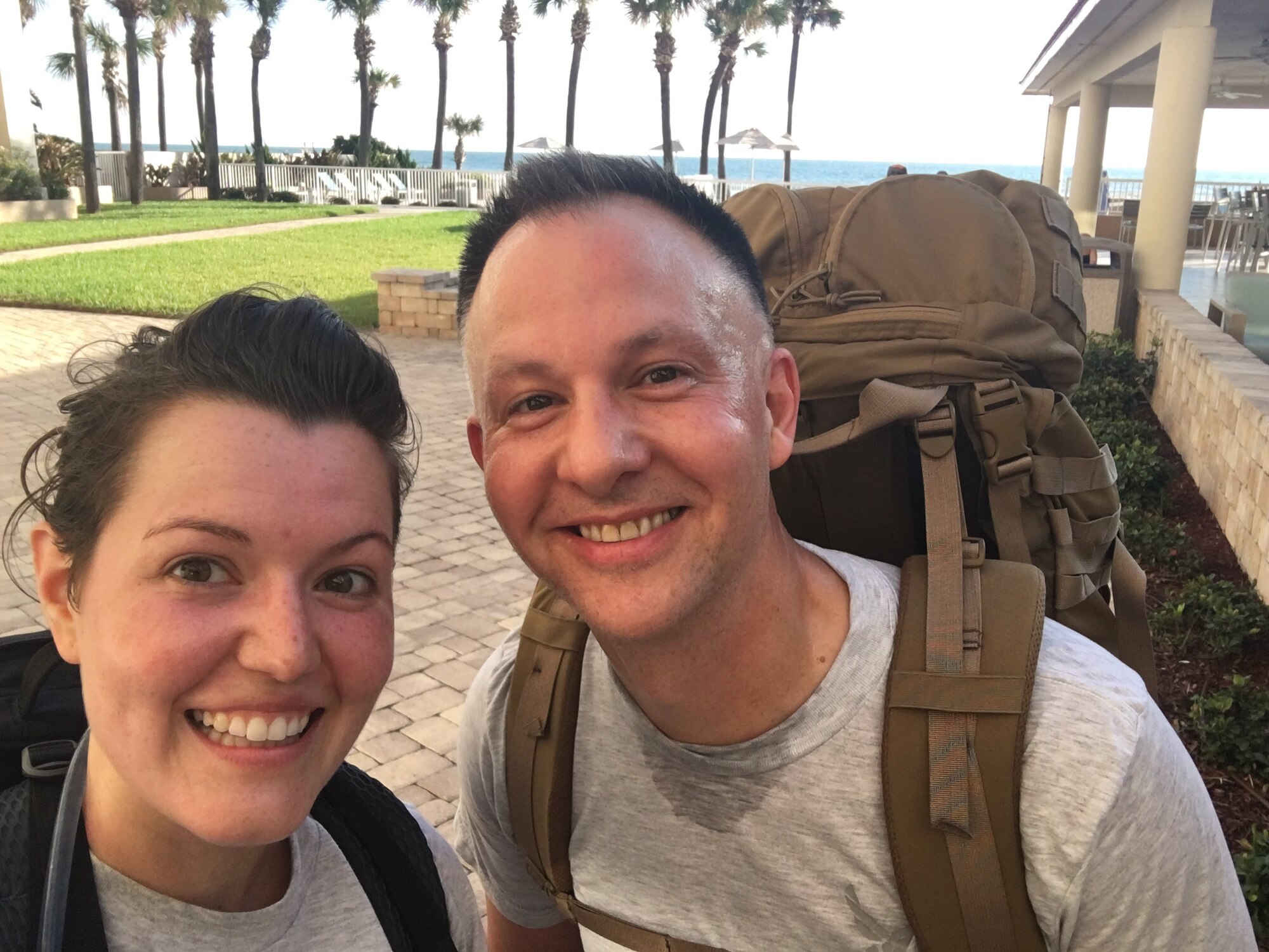 TSgt Jilian McGreen and SMSgt Bradley Bennett training in PT uniforms while on TDY in Florida in October 2019.
