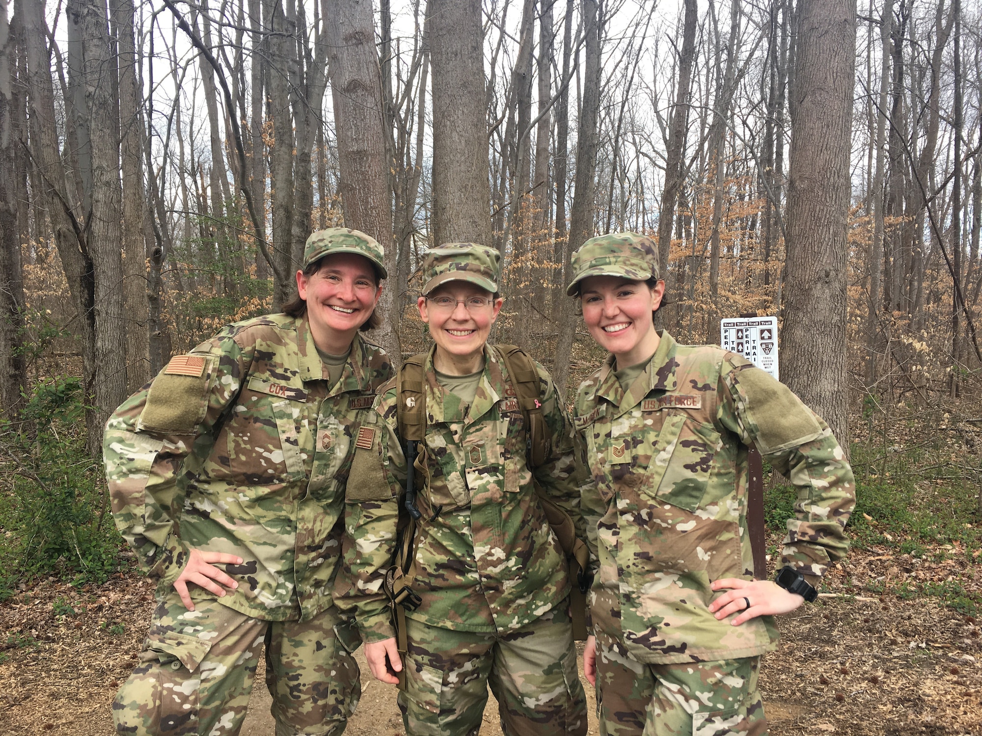 Left to right: CMSgt Jennifer Cox, CMSgt Deborah Volker, TSgt Jilian McGreen
This picture was taken 2/3rds of the way through the 26.2 mile march on 15 March 2020.