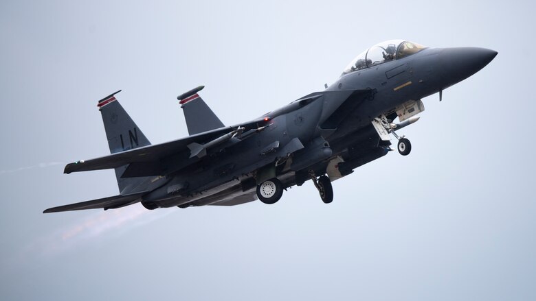 An F-15E Strike Eagle assigned to the 494th Fighter Squadron takes off from Royal Air Force Lakenheath, England, April 28, 2020. Despite the current COVID-19 crisis, the 48th Fighter Wing is committed to staying ready to deliver combat air power when called upon by U.S. Air Forces in Europe-Air Forces Africa. (U.S. Air Force photo by Airman 1st Class Jessi Monte)