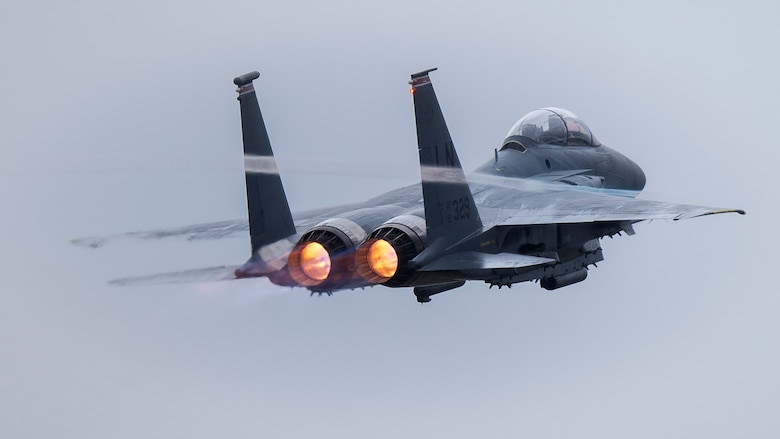 An F-15E Strike Eagle assigned to the 494th Fighter Squadron takes off from Royal Air Force Lakenheath, England, April 28, 2020. The 48th Fighter Wing continues to maintain mission-readiness in order to safeguard U.S. national interests and those of our allies and partners, despite the current COVID-19 crisis. (U.S. Air Force photo by Airman 1st Class Jessi Monte)