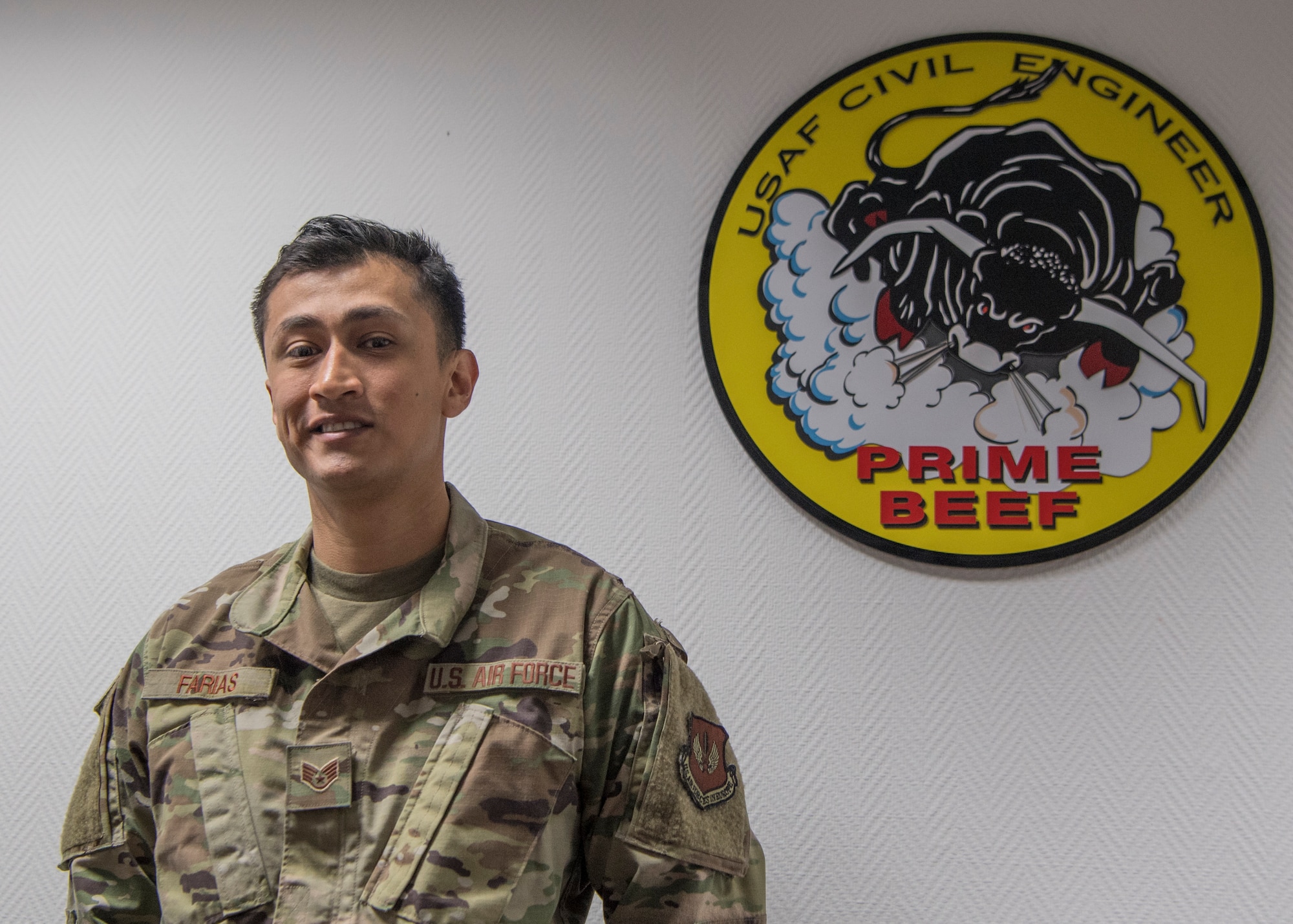 U.S. Air Force Staff Sgt. Abraham Farias, 786th Civil Engineer Squadron expeditionary engineering training manager, poses for a photo at Ramstein Air Base, Germany, April 23, 2020