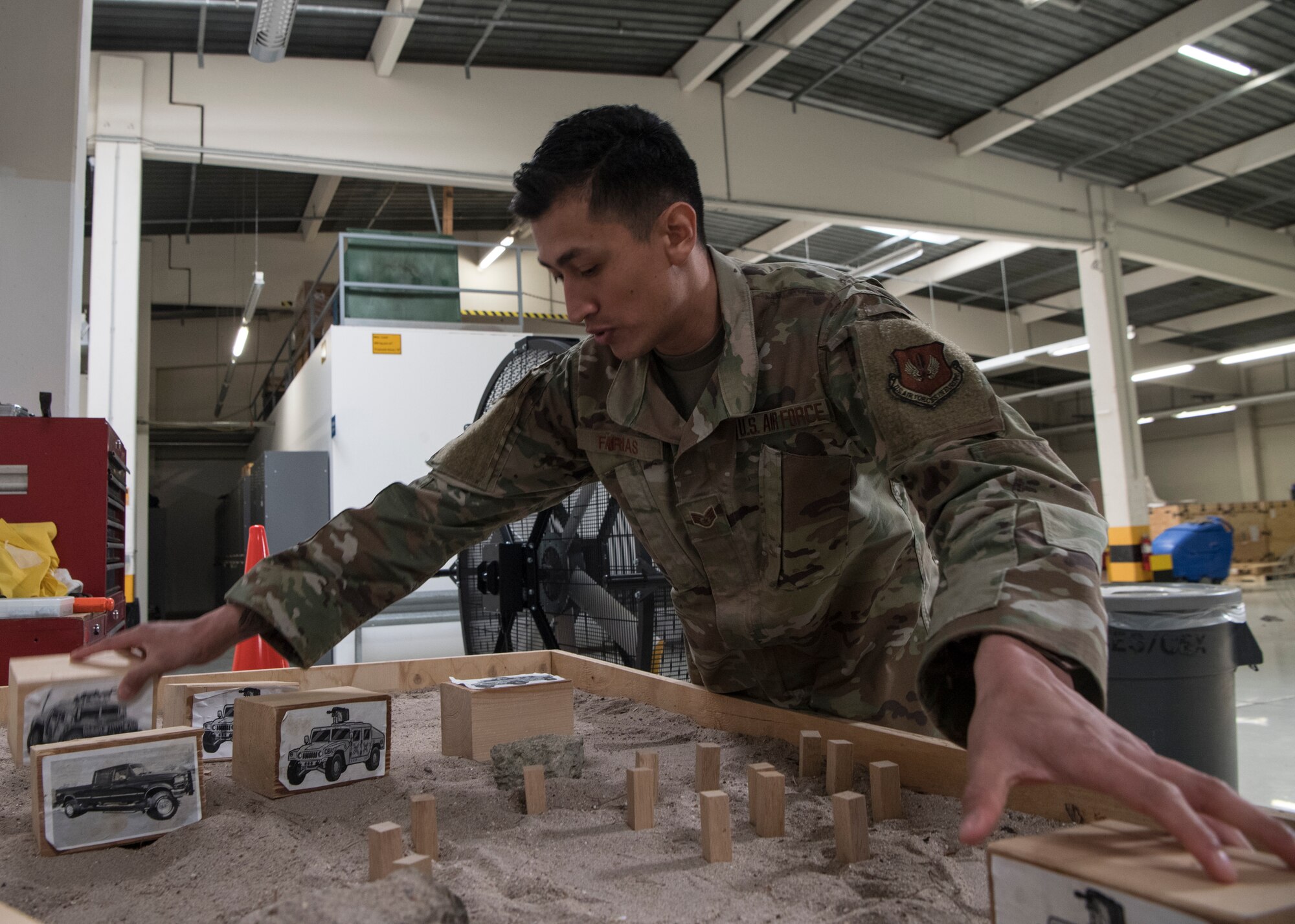 U.S. Air Force Staff Sgt. Abraham Farias, 786th Civil Engineer Squadron expeditionary engineering training manager, explains proper convoy procedures at Ramstein Air Base, Germany, April 23, 2020.