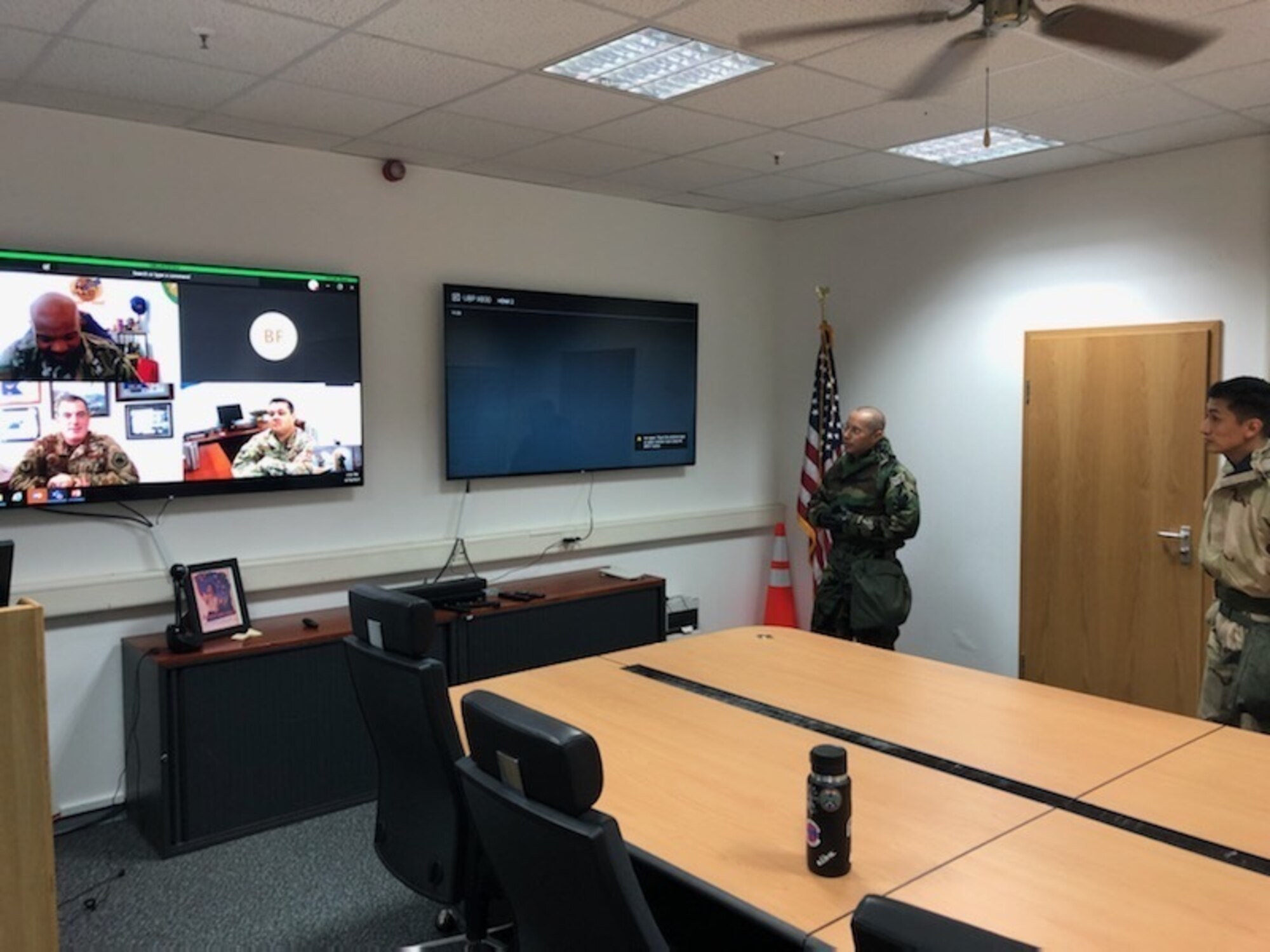 Ramstein leadership speaks to the Airlifter of the Week, U.S. Air Force Staff Sgt. Abraham Farias, 786th Civil Engineer Squadron expeditionary engineering training manager, at Ramstein Air Base, Germany, April 16, 2020.