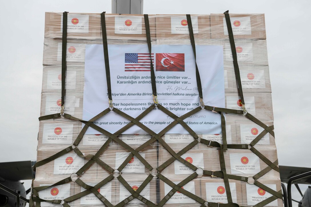 A pallet of medical supplies from Turkey.