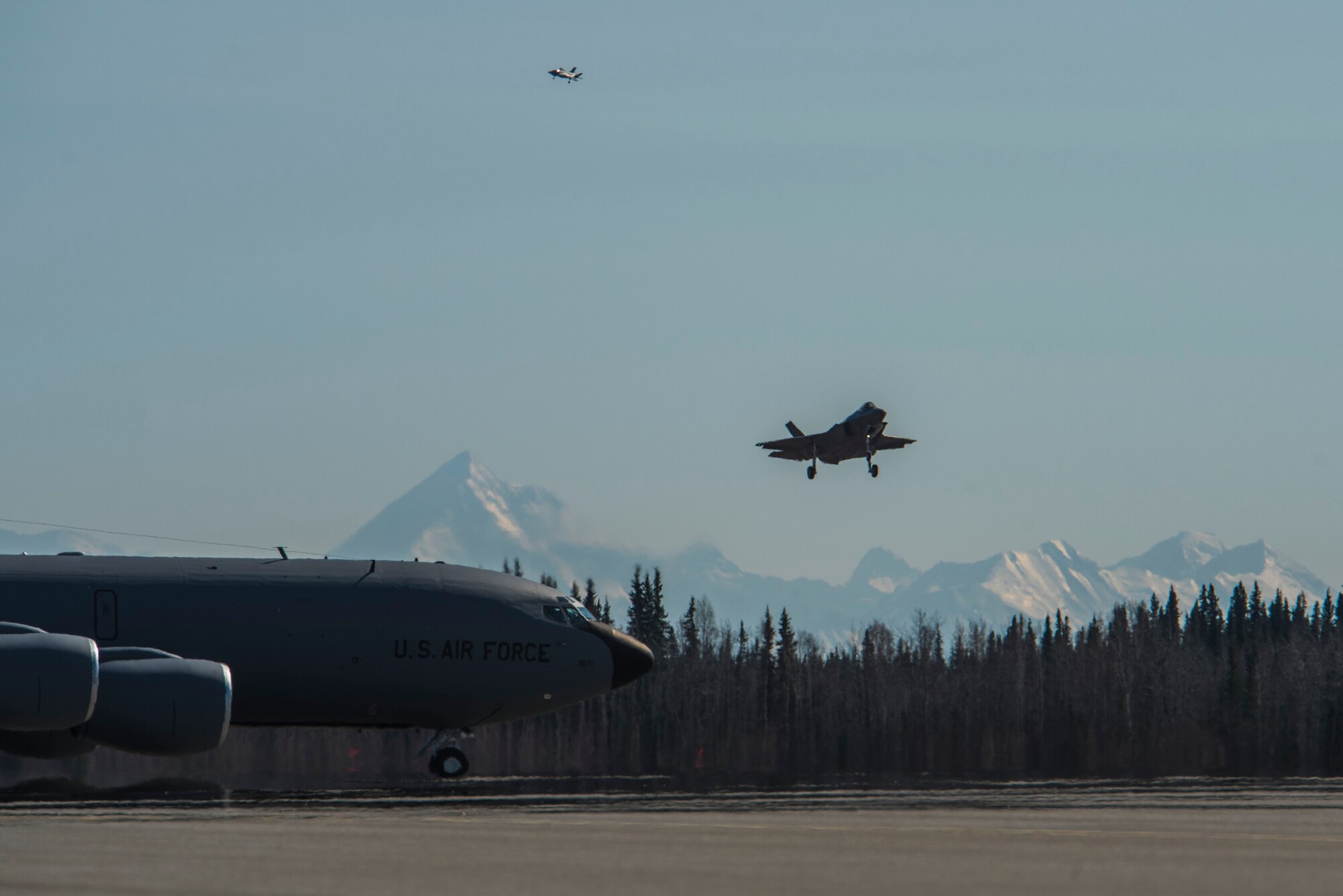 Two U.S. Air Force F-35A Lightning II fifth-generation aircraft assigned to the 388th Fighter Wing prepare to land at Eielson Air Force Base, Alaska, April 27, 2020.