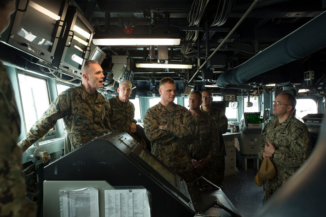 U.S. Marine Corps and Navy leaders visit the guided-missile destroyer USS Bainbridge (DDG-96), aboard Naval Station Norfolk, Norfolk, Virginia, Jan. 31, 2020. The USS Bainbridge is an Arleigh Burke-class guided missile destroyer. The tour familiarized U.S. Marine Corps leaders with the capabilities of the vessel, increasing naval integration. (U.S. Marine Corps Photo by Cpl. Desmond Martin/released)