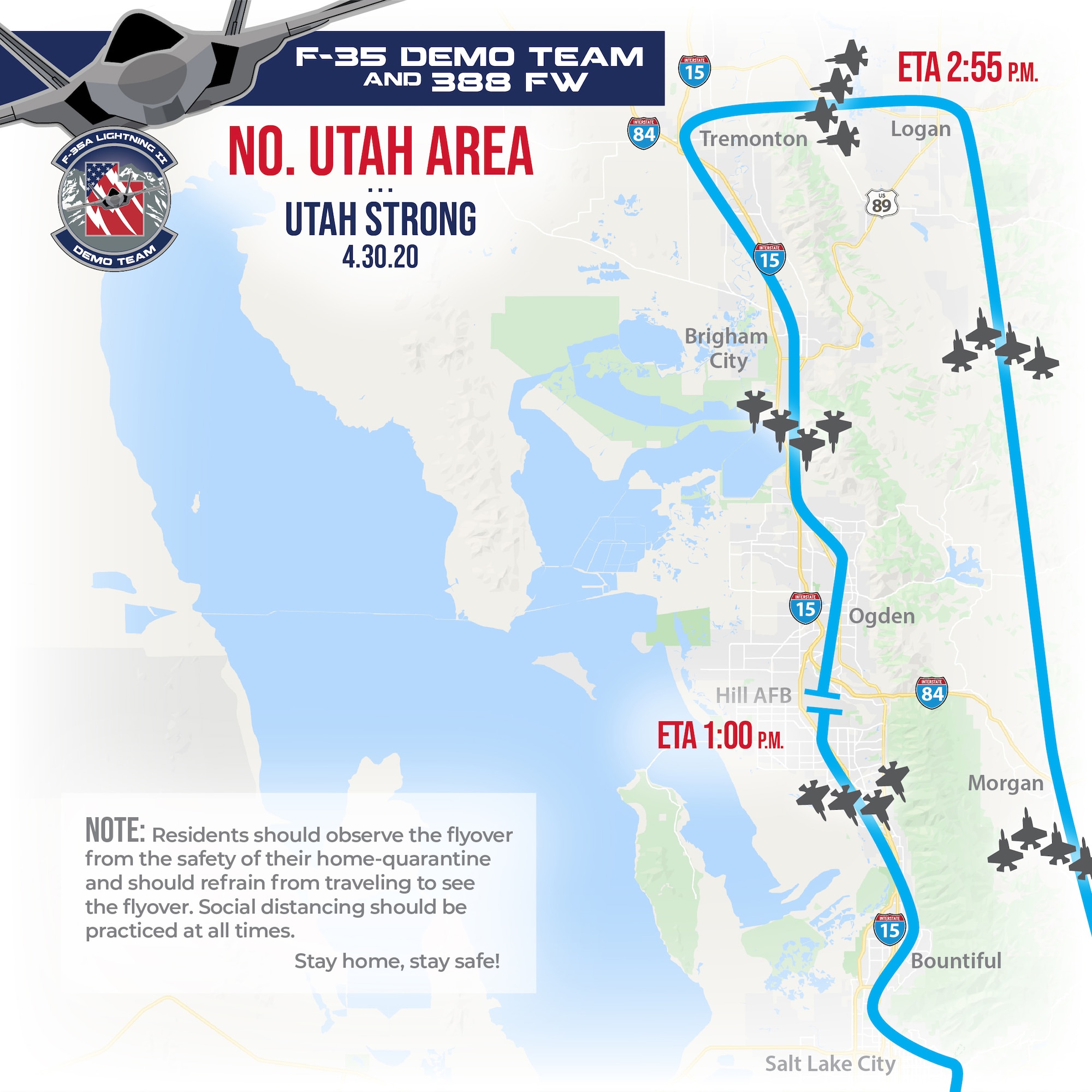 A graphic of the Utah Strong Flyover route