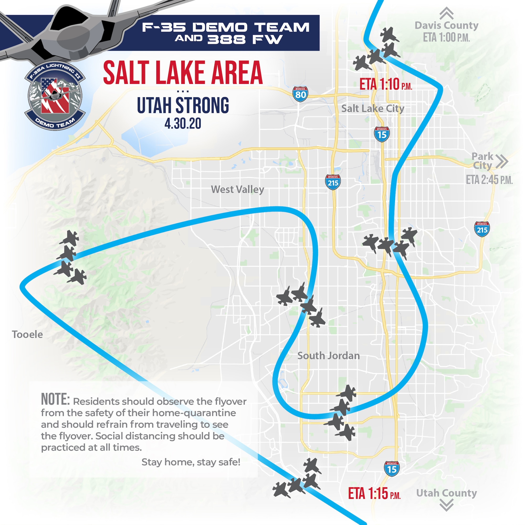 A graphic of the Utah Strong Flyover route