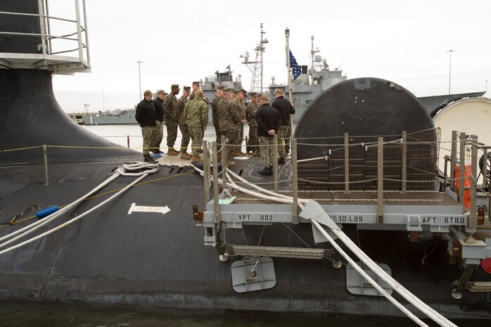 Senior Marine Corps and Navy leaders visit the USS John Warner (SSN-785) at Naval Station Norfolk, Norfolk, Virginia, Jan. 31, 2020. Leaders toured the vessel to become familiar with the ship’s capabilities, increasing naval integration. The USS John Warner is a Virginia-class fast-attack submarine launched on Sept. 10, 2014. (U.S. Marine Corps Photo by Sgt. Danielle Prentice/released)