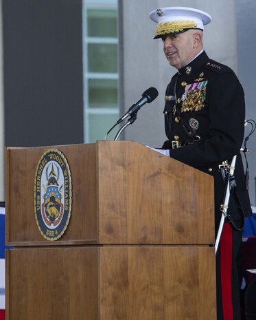 U.S. Marine Corps Commandant, General David H. Berger, speaks during the ship commissioning ceremony for the USNS Hershel “Woody” Williams at the Half Moone Cruise and Celebration Center in Norfolk, Virginia, on Mar. 7, 2020. The USNS Hershel “Woody” Williams will serve as a flexible platform to support a variety of missions, including air mine countermeasures, counter-piracy operations, maritime security and humanitarian missions. The Ship is named in honor of Williams for his gallant efforts during the battle of Iwo Jima. (U.S. Marine Corps Photo by Cpl. Desmond Martin)