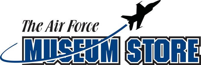 Logo with blue font reading The Air Force Museum Store with black airplane fling through it.